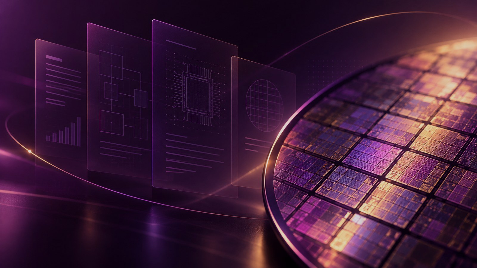 Editorial semiconductor resource visual with wafer and technical documentation overlays